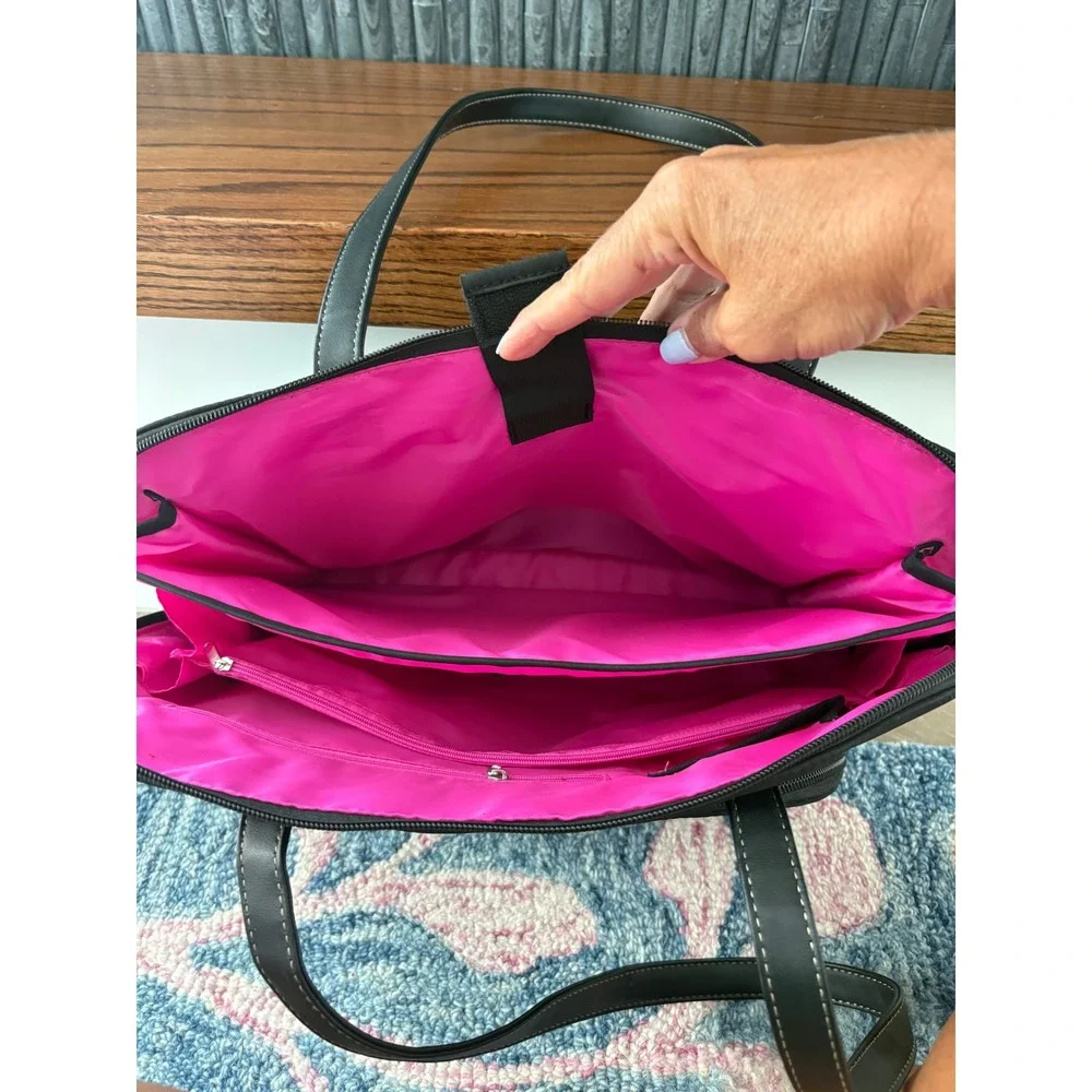 Black Nylon Laptop Tote Bag Pink Lining Professional Work Briefcase Shoulder Bag